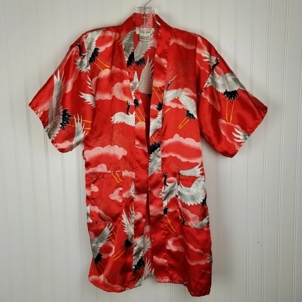 Vintage Kimono Robe Jacket Asian Bird Print Shiny Red White Clouds Missing Belt